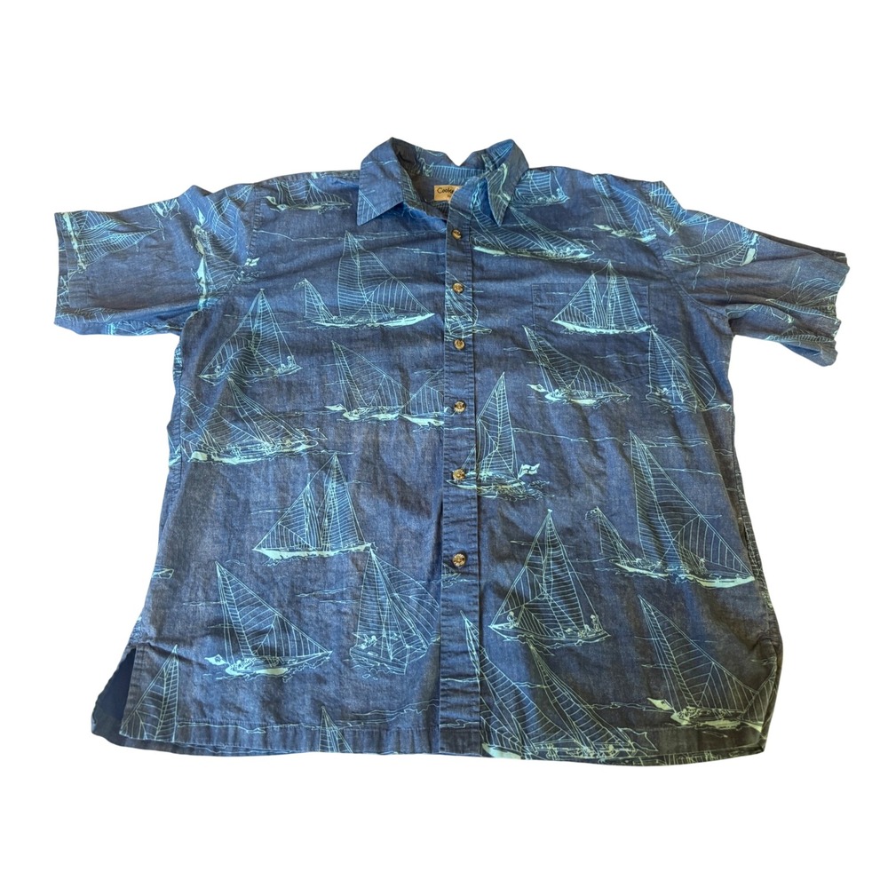 Cooke Street Honolulu Men XL Hawaiian Aloha Shirt Blue Sailboat Vacation Resort